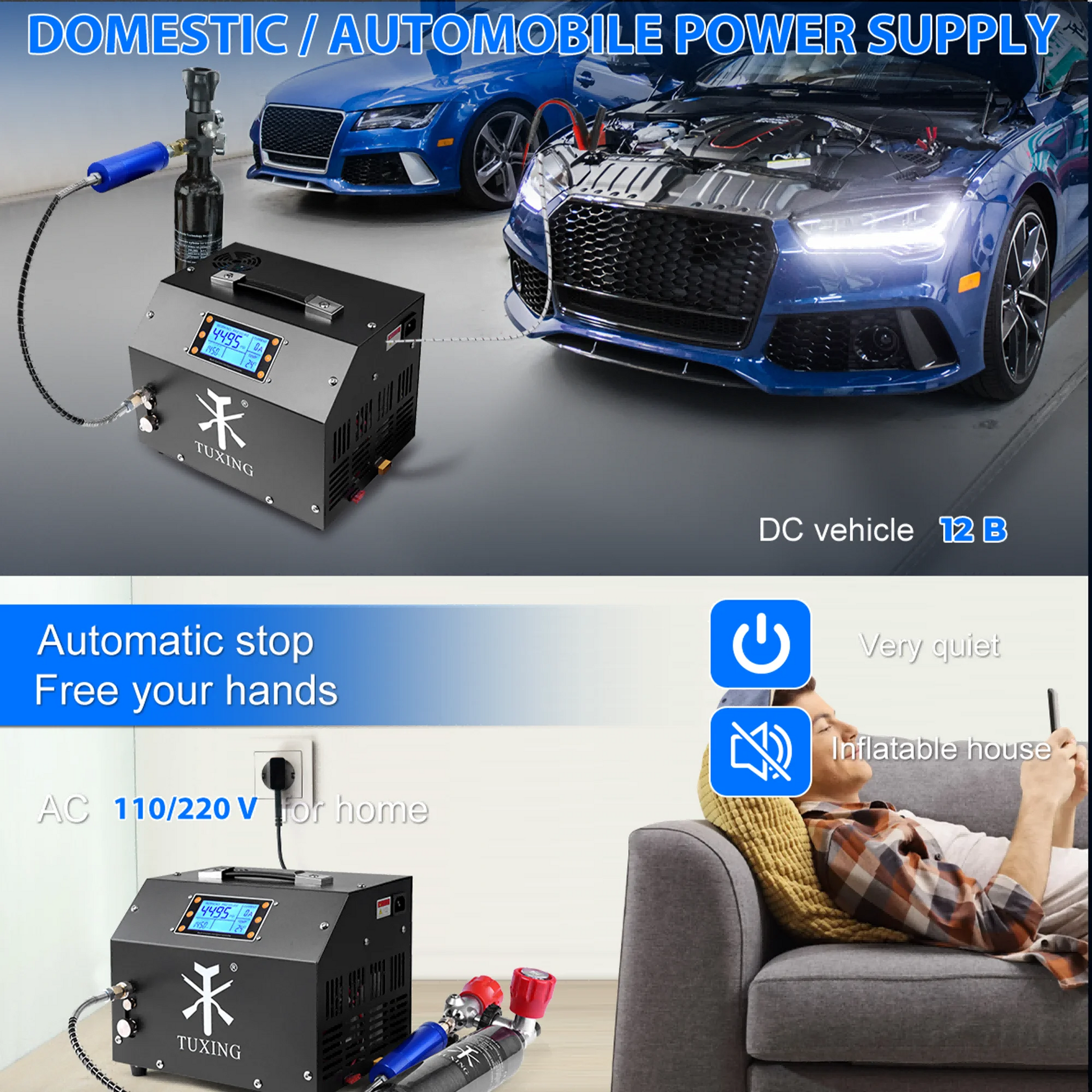 TUDIVING PCP Air Compressor LCD Display 4500Psi Built-in Converter Auto-Stop Portable Air Pump 110V