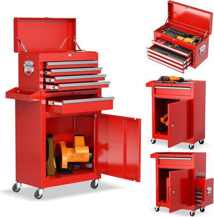 SOLAURA 5-Drawer Rolling Tool Chest Cabinet Metal Tool Storage Box Lockable with Wheels, Red