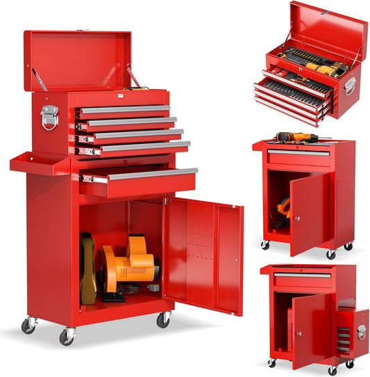SOLAURA 5-Drawer Rolling Tool Chest Cabinet Metal Tool Storage Box Lockable with Wheels, Red