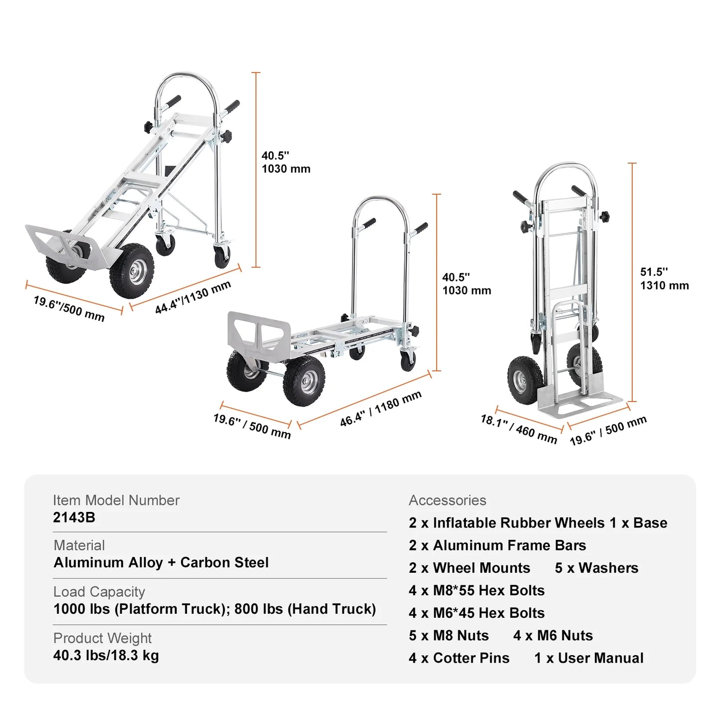 BENTISM Aluminum Hand Truck 4 in 1 Folding Dolly Cart 1000 lbs Capacity Heavy Duty