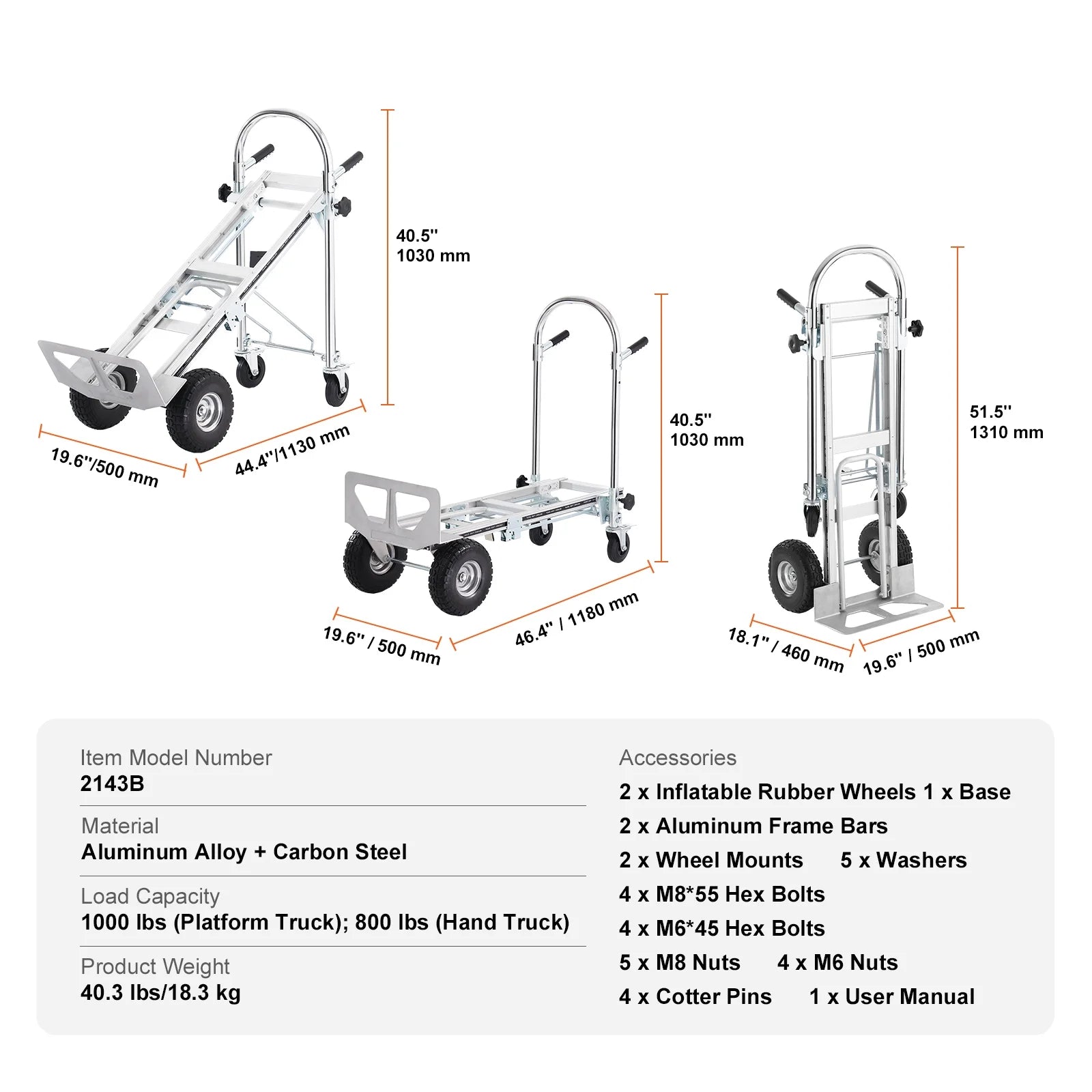 BENTISM Aluminum Hand Truck 4 in 1 Folding Dolly Cart 1000 lbs Capacity Heavy Duty