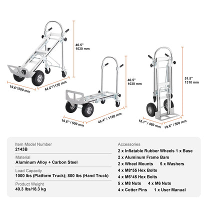BENTISM Aluminum Hand Truck 4 in 1 Folding Dolly Cart 1000 lbs Capacity Heavy Duty