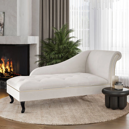 Belleze Nailhead Trim Velveteen Storage Chaise Lounge Chair Tufted Couch for Bedroom Living Room Fold Open Lid, Beige