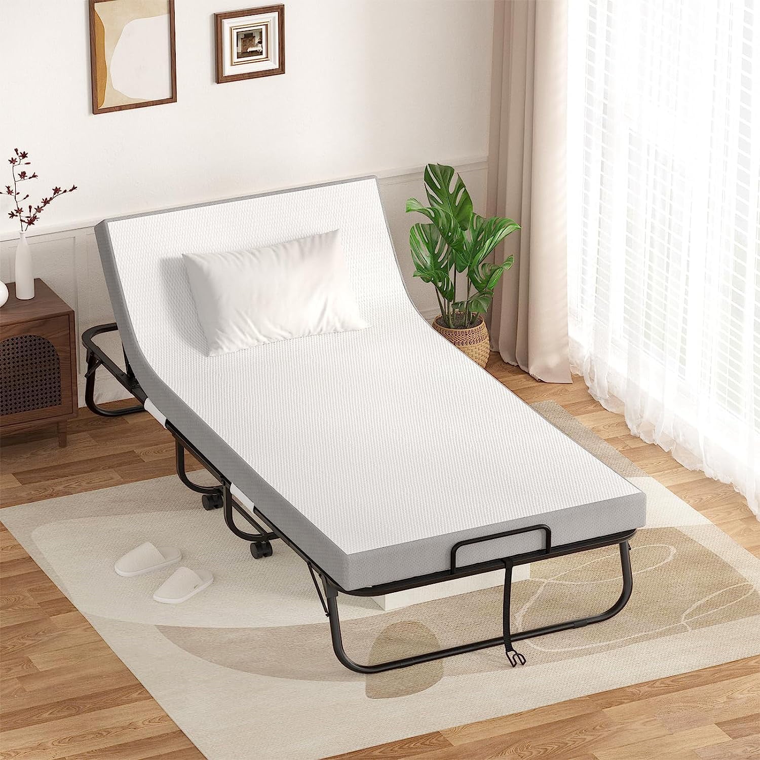 Homieasy Folding Bed with Mattress, 6 Adjustable Positions Backrest, Rollaway Bed for Adults with Memory Foam Mattress and Metal Frame, Portable Bed with Storage Cover, Cot Size (75” x 31”)