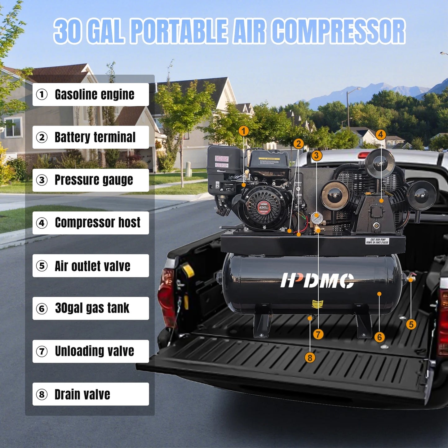 HPDMC 30 Gal Gas Powered Air Compressor 13HP 35CFM Electric Start Gas Driven Piston Pump Air Compressed System with 125PSI Max. Pressure and ASME Tank for Workshop, Machinery, Construction Sites