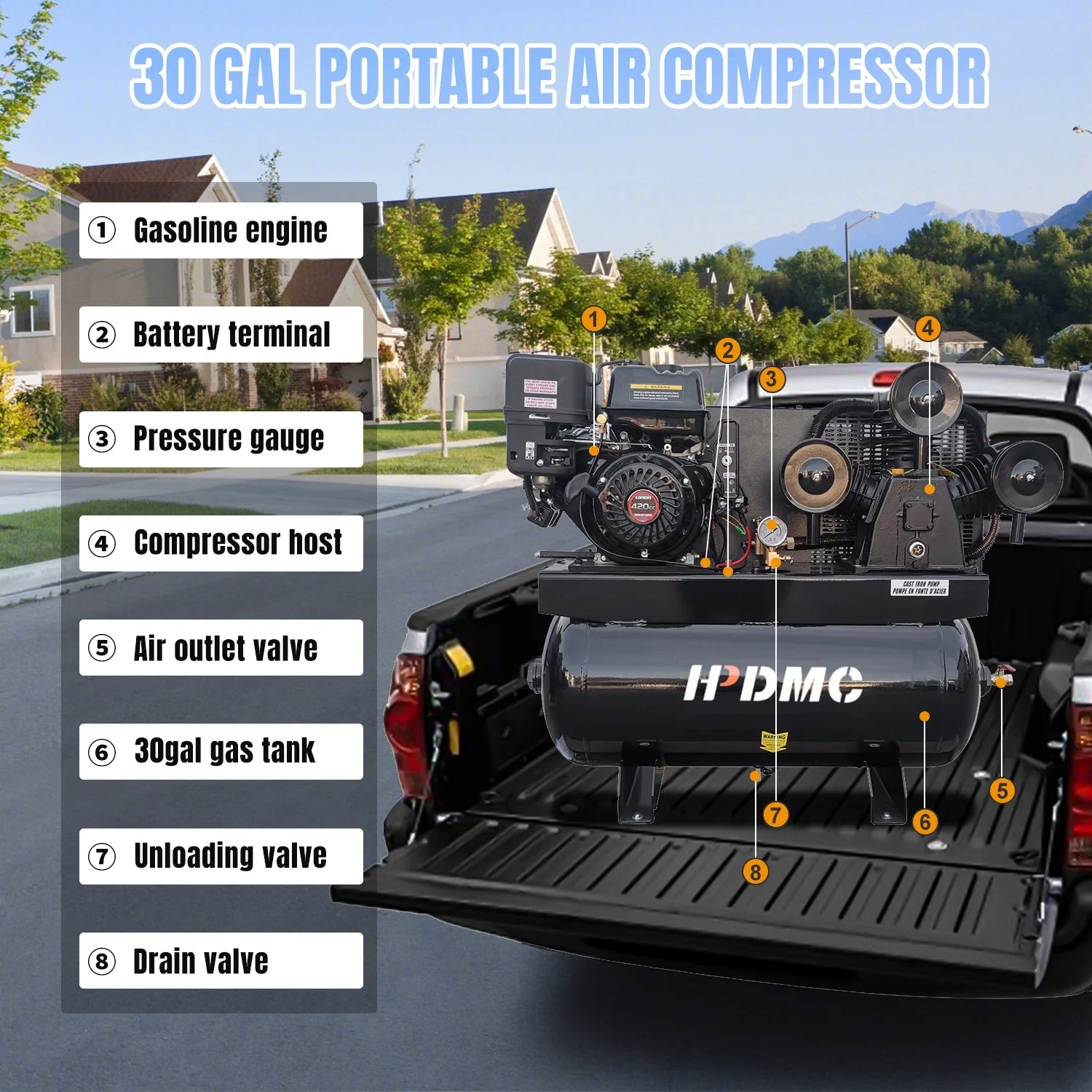HPDMC 30 Gal Gas Powered Air Compressor 13HP 35CFM Electric Start Gas Driven Piston Pump Air Compressed System with 125PSI Max. Pressure and ASME Tank for Workshop, Machinery, Construction Sites