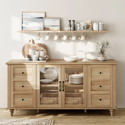 WAMPAT Sideboard Buffet Cabinets with Glass Door, Kitchen Storage Cabinets, Wood Coffee Bar Tables, Accent Sideboard Storage Cabinet Table Dining Room, Living Room,Oak