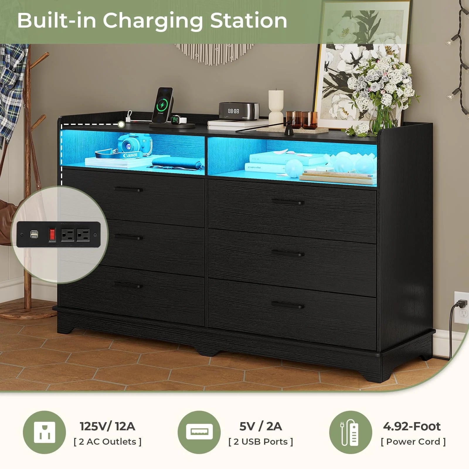 Hasuit 6 Drawers Dresser with LED Lights and Charging Station, Modern Storage Tower Dressers and Chests of Drawers and Open Cubby, Black