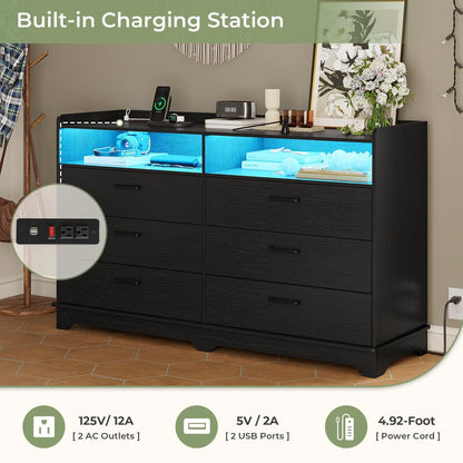 Hasuit 6 Drawers Dresser with LED Lights and Charging Station, Modern Storage Tower Dressers and Chests of Drawers and Open Cubby, Black