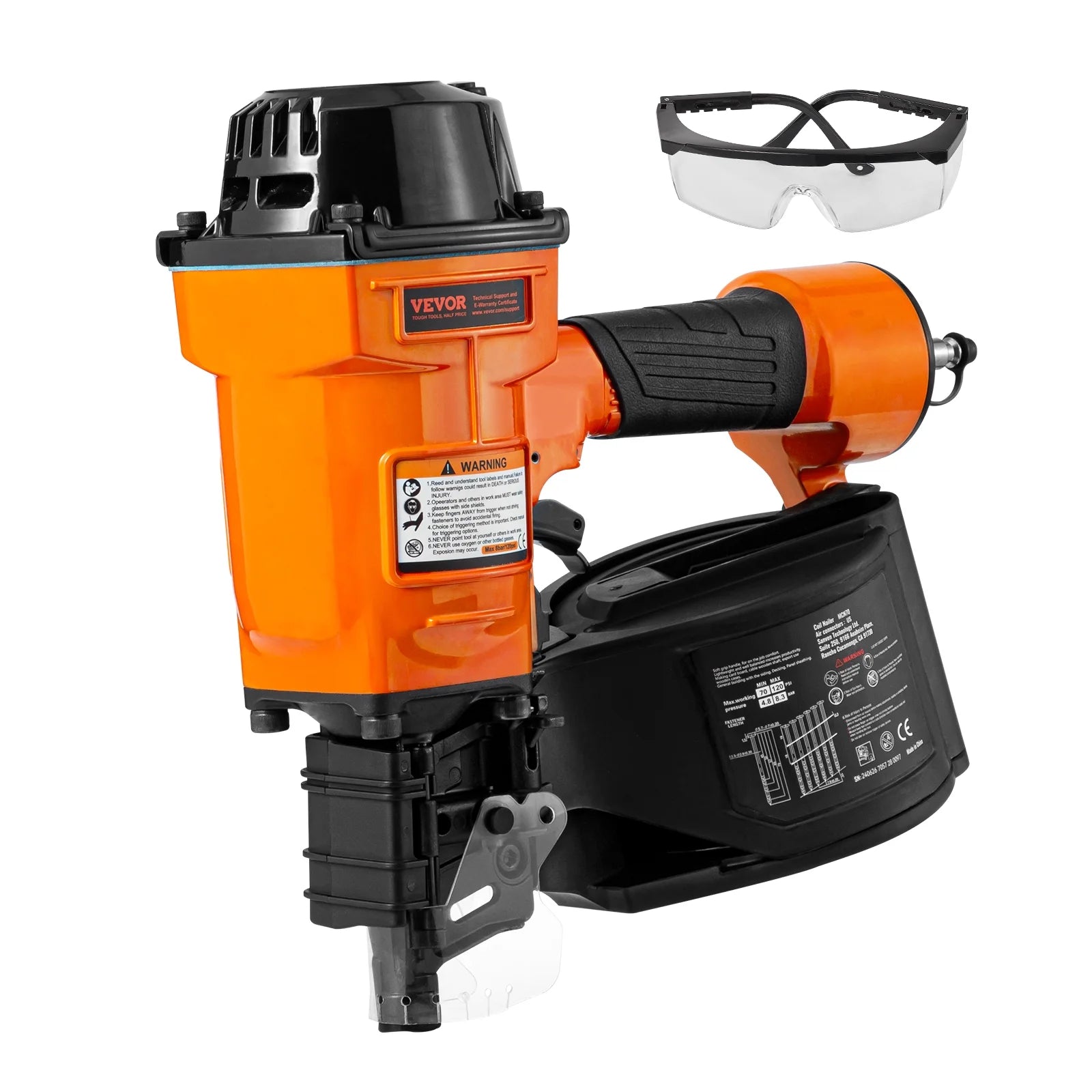 VEVOR Coil Siding Nailer MCN70, 1-3/4" to 2-3/4" 15 Degree Pneumatic Siding Nail Gun, 70-120PSI Air Coil Nailer for Pallet, Crating, Framing, Siding and Fencing