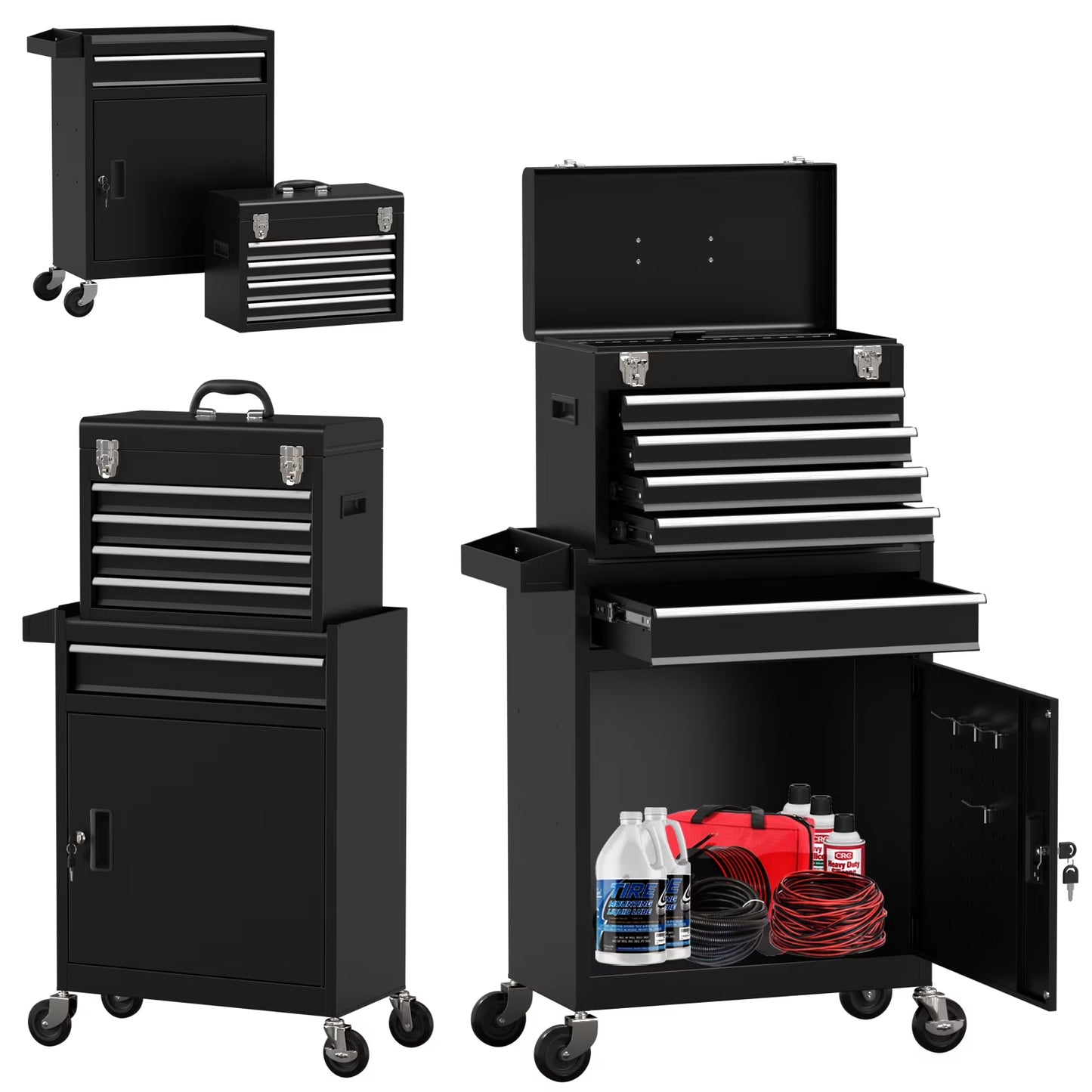 Odaof Tool Storage Cabinet Tool Chest with 4 Wheels and 5 Drawers,Large Capacity Removable Toolbox with Lock for Garage and Warehouse(Black)