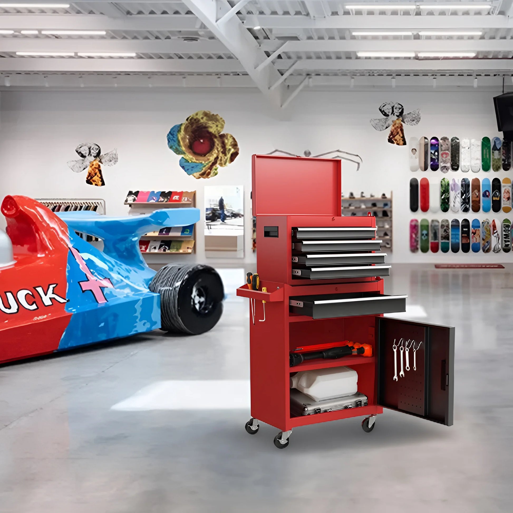 Aukfa Tool Box, 2-in-1 Rolling Tool Chest & Cabinet on Wheels for Garage Workshop, 5-Drawer, Red& Black