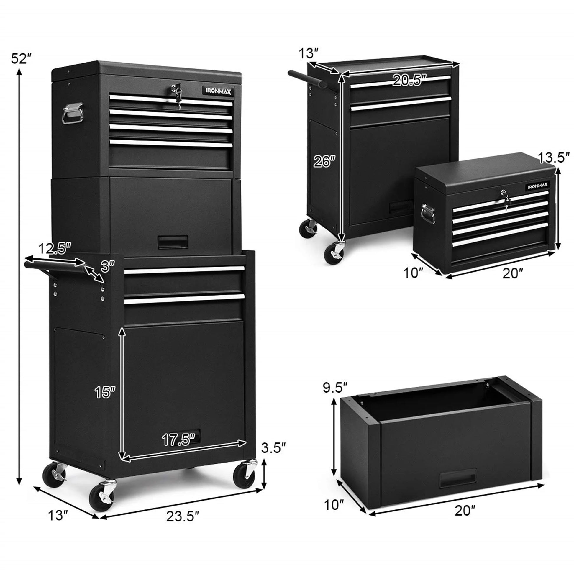 Aukfa Tool Box, 3 in 1 Steel Rolling Tool Chest w/6-Drawers & 2 Cabinet for Garage Workshop, Black