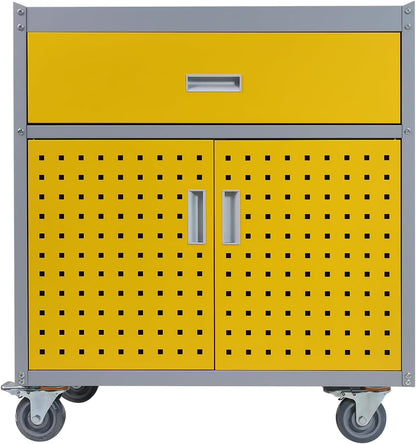 walsport Tool Chest, Rolling Storage Cabinet with Lockable Wheels with 1 Drawer & 2 Doors 1 Adjustable Shelf & 4 Hanging Hooks, Yellow