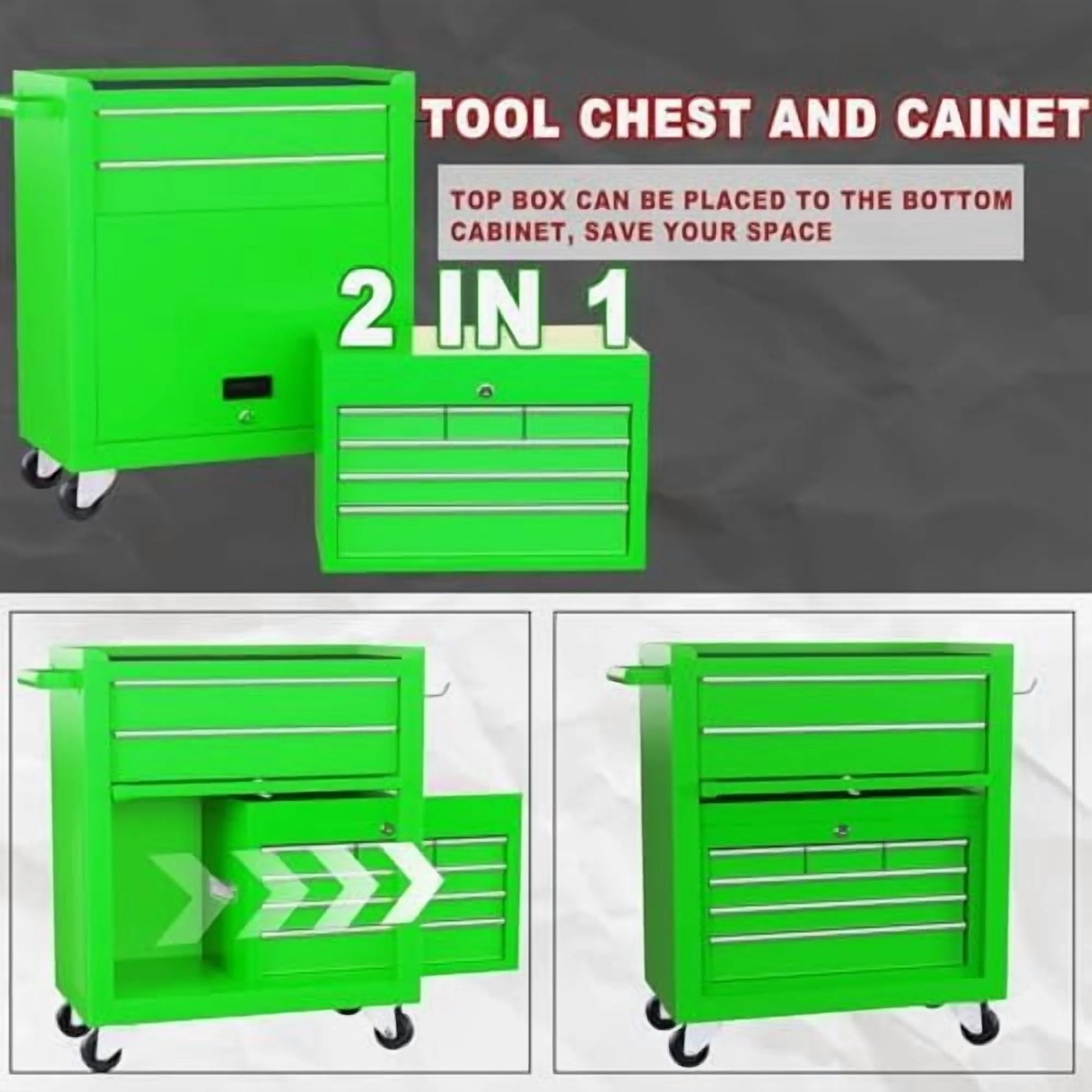 8-Drawer Rolling Tool Chest with Detachable Top Tool Box, Lockable Metal Tool Cabinet, and Liner, Heavy-Duty Storage Organizer with Wheels and 6 Hooks for Garage, Workshop, Green