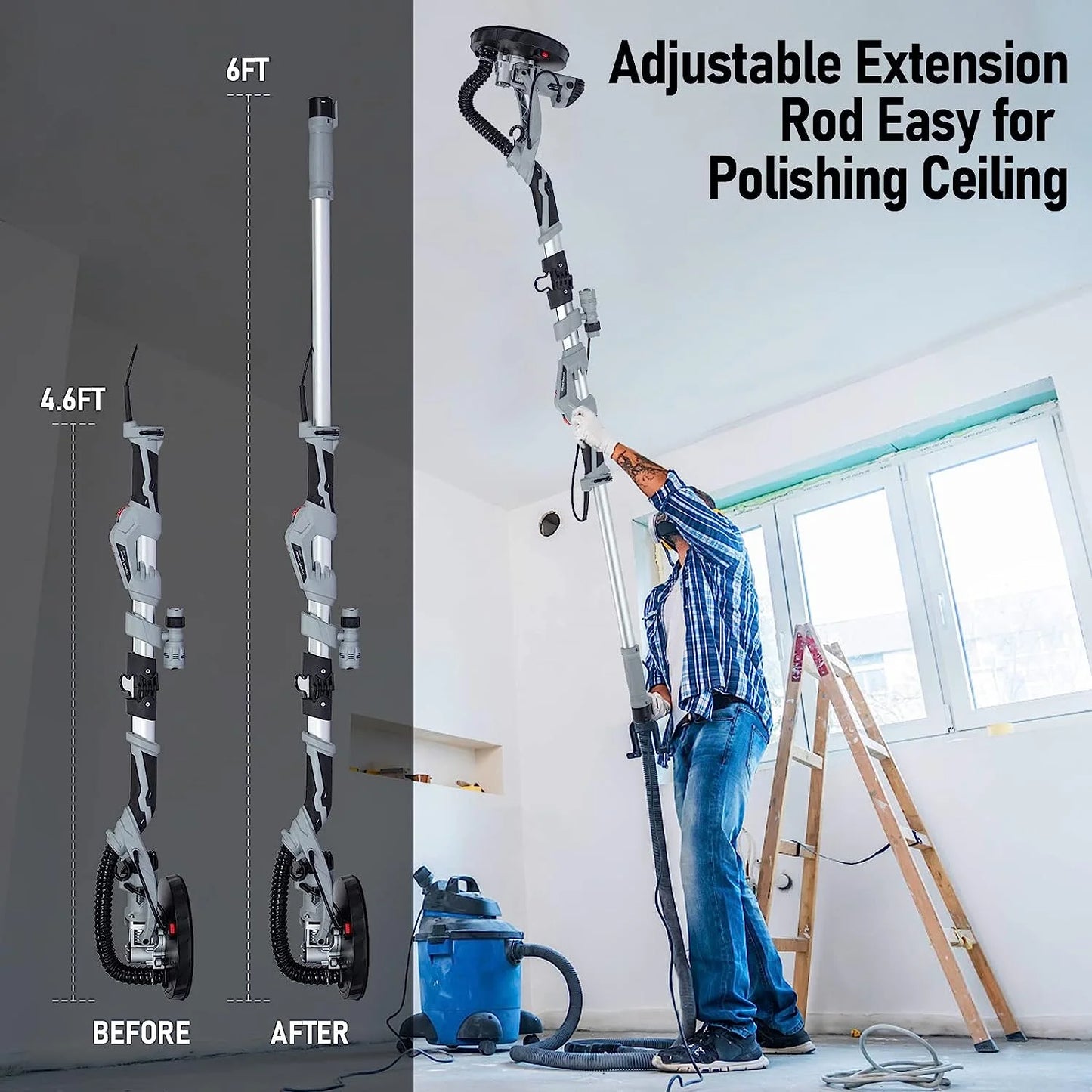 710W Drywall Sander, Electric Motor Sander with LED Flashlight, Variable Speed 800-1800RPM With Extendable & Foldable Handle, 6 Pcs Sanding Discs, Including Carrying Bag