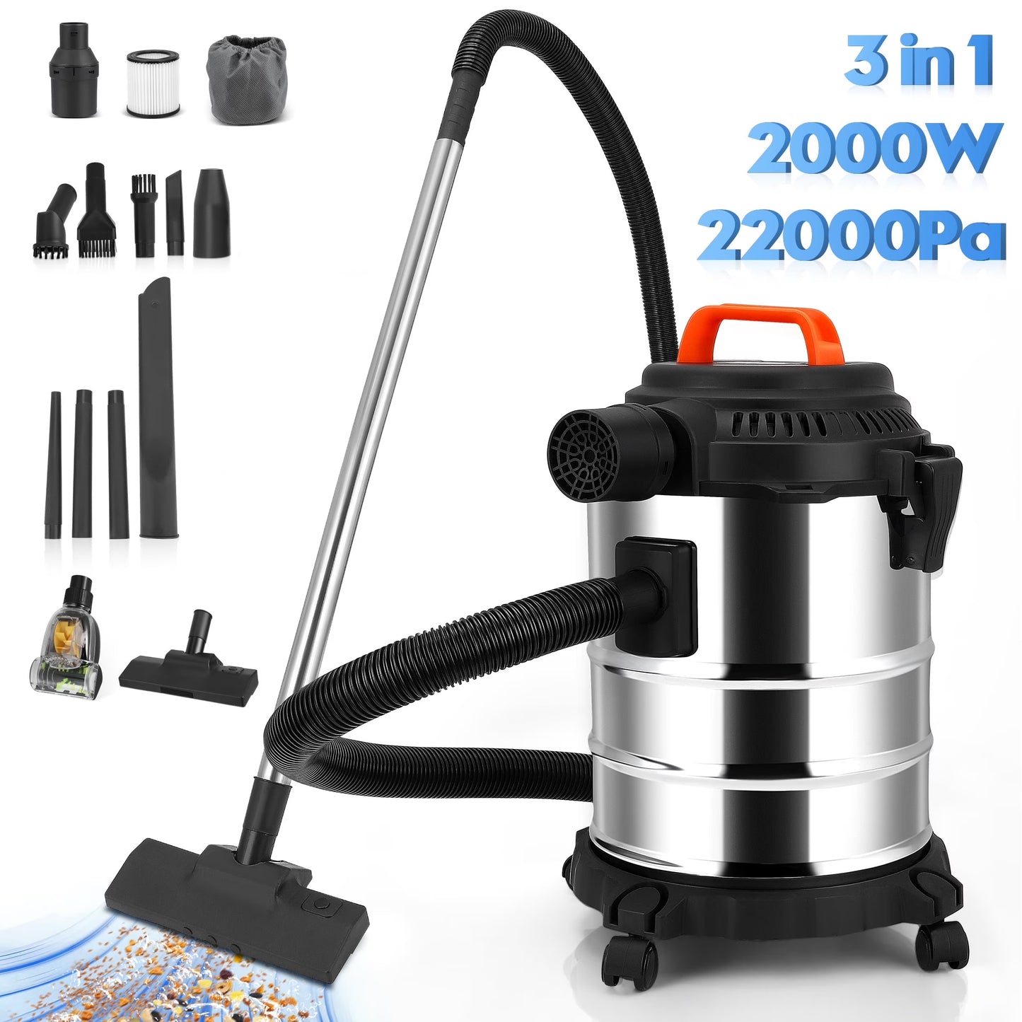 RELOIVE Wet Dry Vacuum,4.5 Gallon 2000W 6.5 Peak HP,3-in-1 Stainless Steel Shop Vacuum Wet and Dry,with Filter and Attachments for House Garage Workshop Car