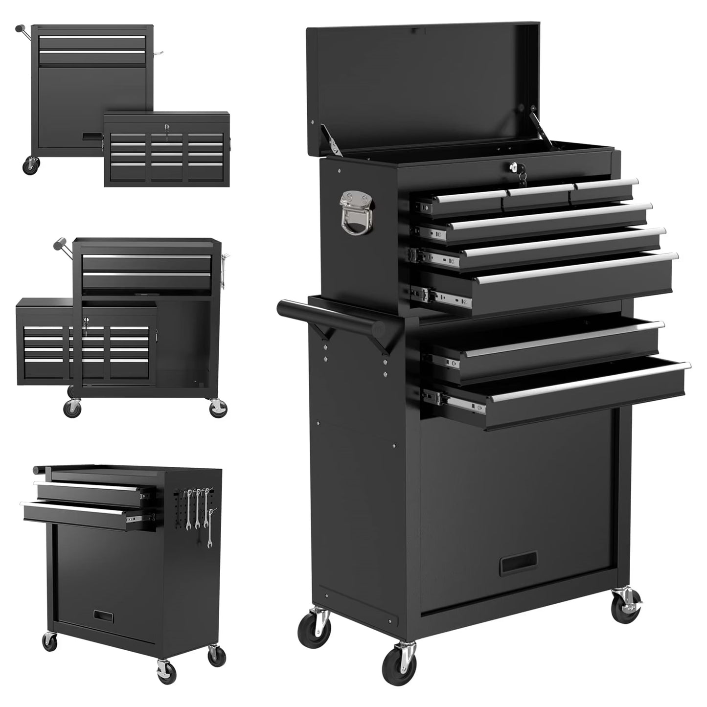 Aukfa Tool Box, 2 in 1 Steel Rolling Tool Chest & Cabinet On Wheels for Garage, 8-Drawer, Black