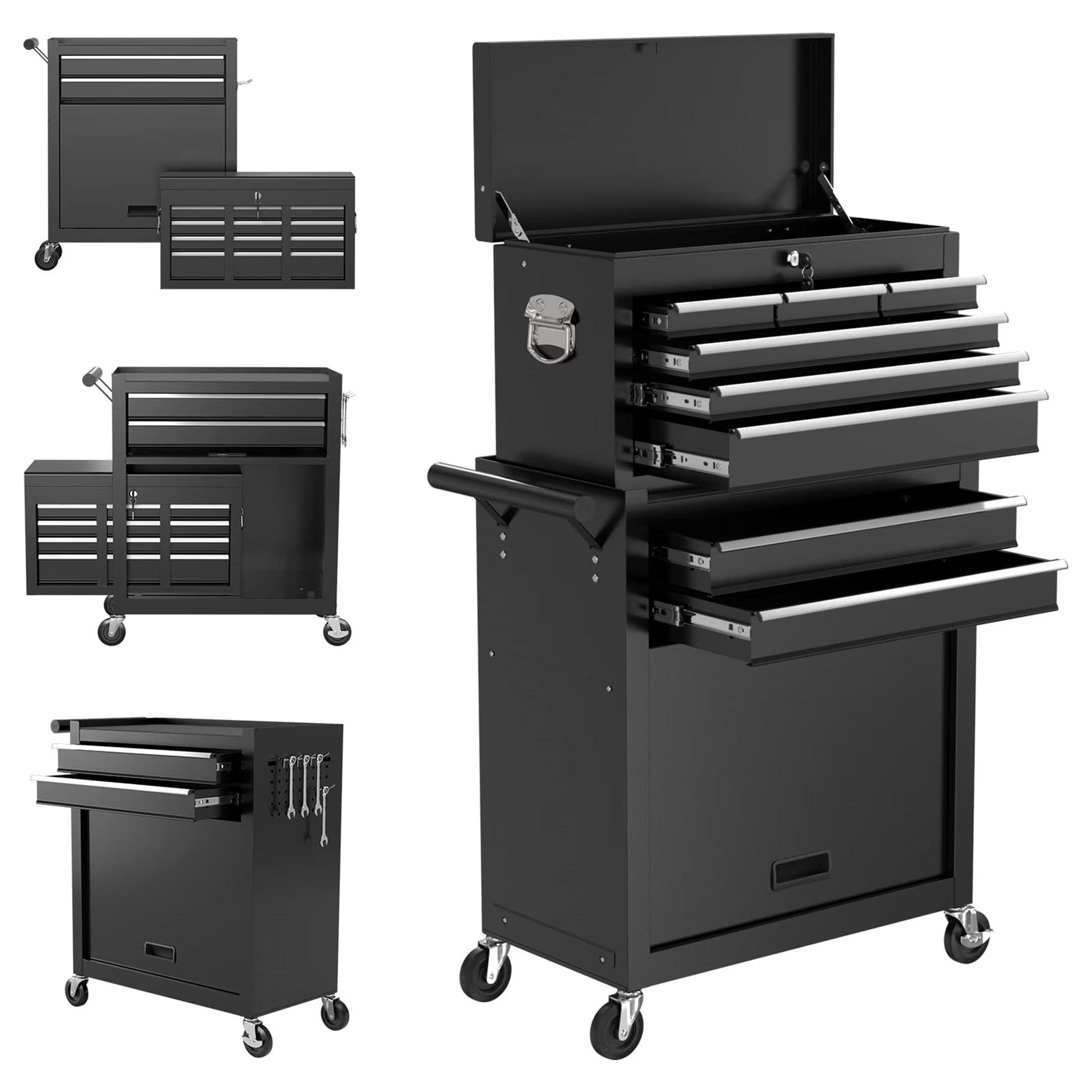 Aukfa Tool Box, 2 in 1 Steel Rolling Tool Chest & Cabinet On Wheels for Garage, 8-Drawer, Black