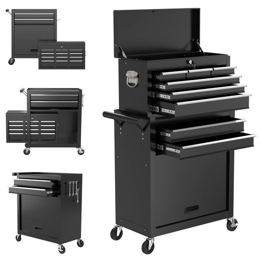 Aukfa Tool Box, 2 in 1 Steel Rolling Tool Chest & Cabinet On Wheels for Garage, 8-Drawer, Black