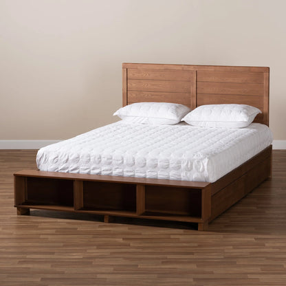 Baxton Studio Alba Modern Transitional Ash Walnut Brown Finished Wood Queen Size 4-Drawer Platform Storage Bed with Built-In Shelves