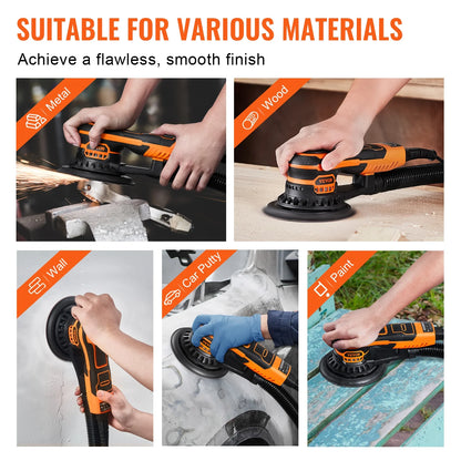 VEVOR Random Orbital Sander 5 & 6-Inch, 350W Brushless Orbital Sander, 10,000 PRM 6 Variable Speed Electric Palm Sander with 20PCS Sandpapers, Dust Connector & Hose for Woodworking Detailing Sanding