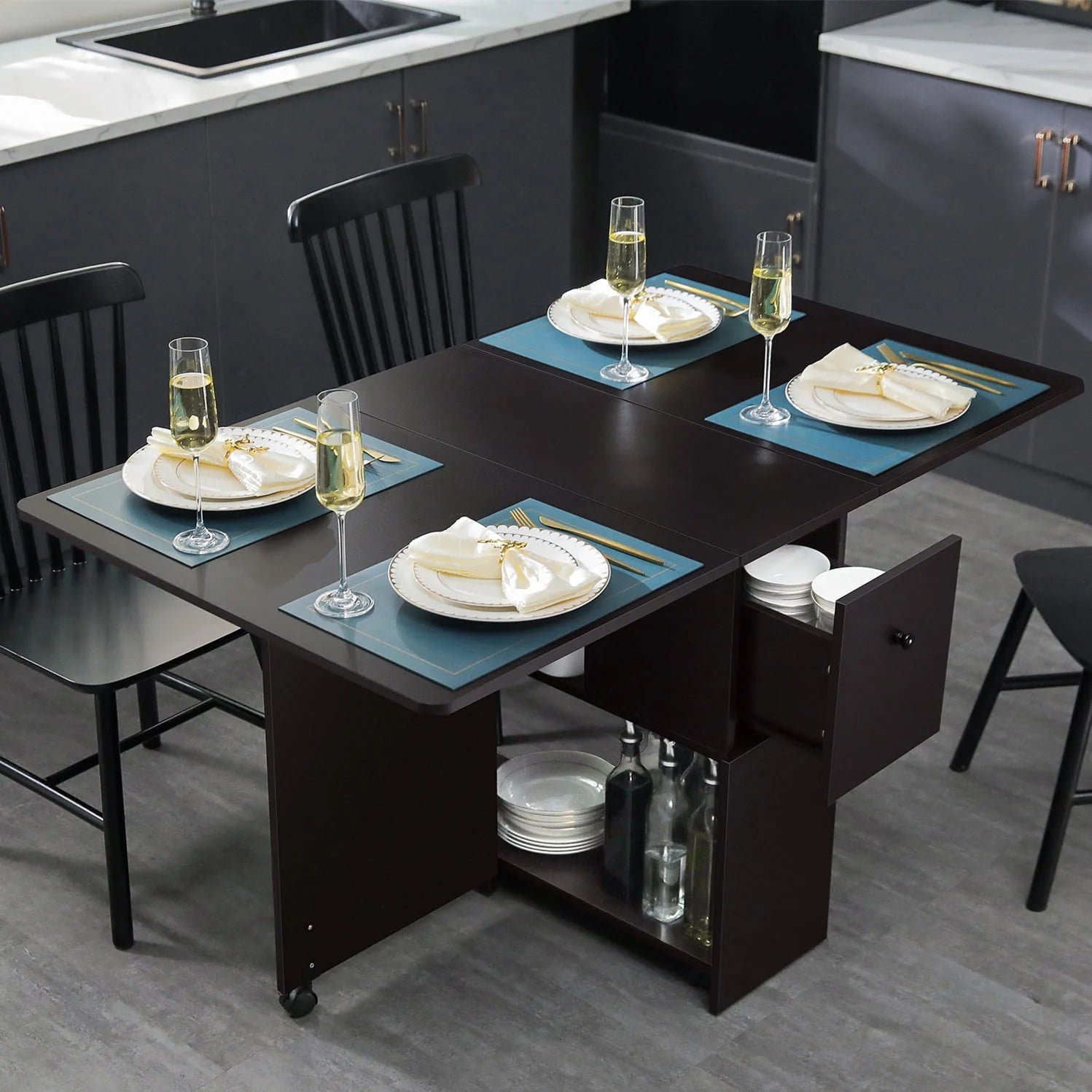 Dinaza Folding Dining Table Drop Leaf Kitchen Table with 2 Drawers for Small Spaces with 6 Wheels and 2-Layer Storage Racks Multifunction Space Saving Table Extension Dinner Table Black Walnut