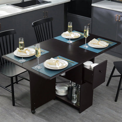Dinaza Folding Dining Table Drop Leaf Kitchen Table with 2 Drawers for Small Spaces with 6 Wheels and 2-Layer Storage Racks Multifunction Space Saving Table Extension Dinner Table Black Walnut