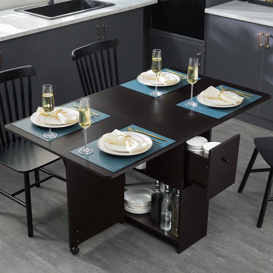 Dinaza Folding Dining Table Drop Leaf Kitchen Table with 2 Drawers for Small Spaces with 6 Wheels and 2-Layer Storage Racks Multifunction Space Saving Table Extension Dinner Table Black Walnut