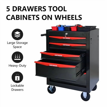 POVANLI 5 Drawer Portable Tool Box With Wheels,Tool Chest With Key Locking Tool Boxes/Organizers Black& Red