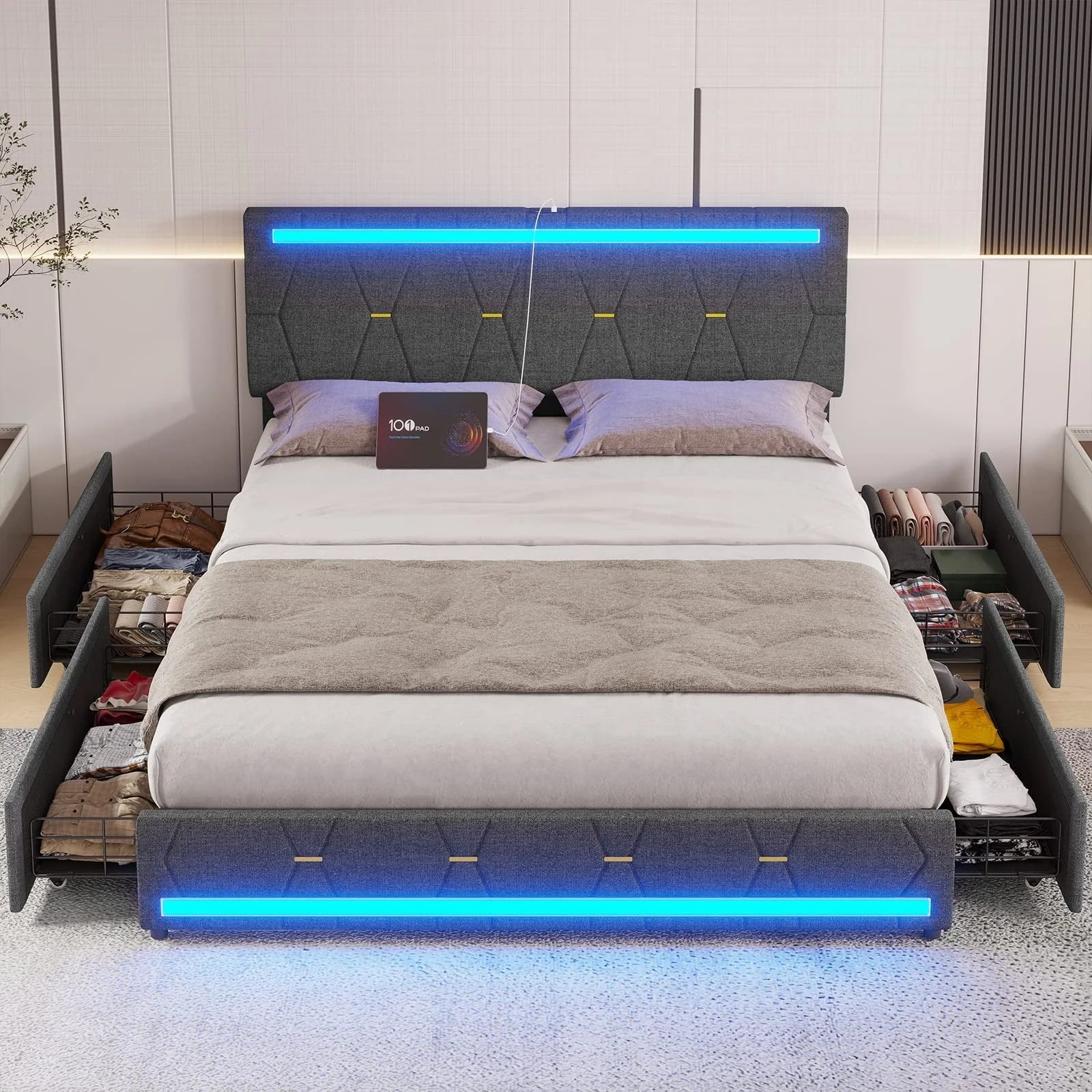 Tiptiper Queen Size Bed Frame with 2 USB Charging Station, Upholstered LED Bed Frame with 4 Drawers, Platform Storage Bed with LED Lights Headboard & Footboard, No Box Spring Needed, Dark Gray