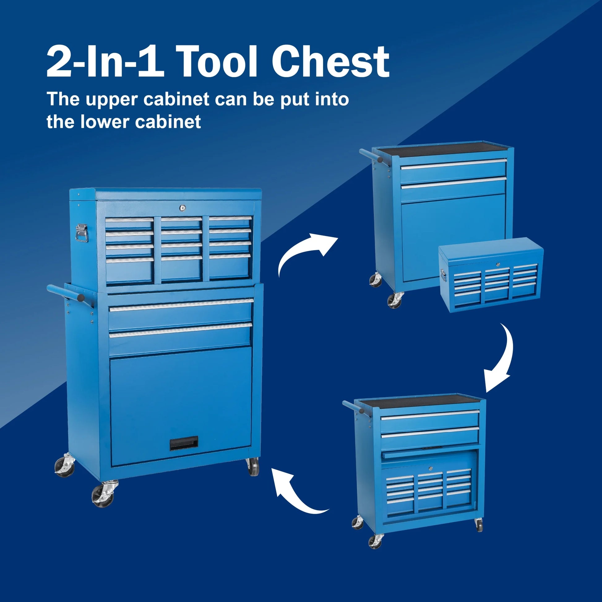 Tool Chest, 8-Drawer Rolling Tool Storage Cabinet with Lockable Wheels, Rolling Tool Chest with 2 in 1 Detachable Top Tool Box, and Locking Mechanism, Metal Tool Cart for Garage, Workshop, Blue