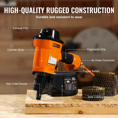 VEVOR Coil Siding Nailer MCN70, 1-3/4" to 2-3/4" 15 Degree Pneumatic Siding Nail Gun, 70-120PSI Air Coil Nailer for Pallet, Crating, Framing, Siding and Fencing