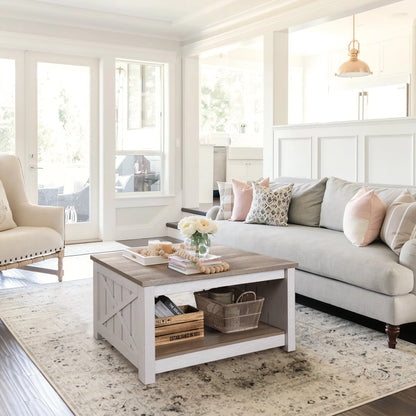 Dextrus Coffee Table with Storage, Square Wood Farmhouse Coffee Table with Barn Door for Living Room, Grey Wash