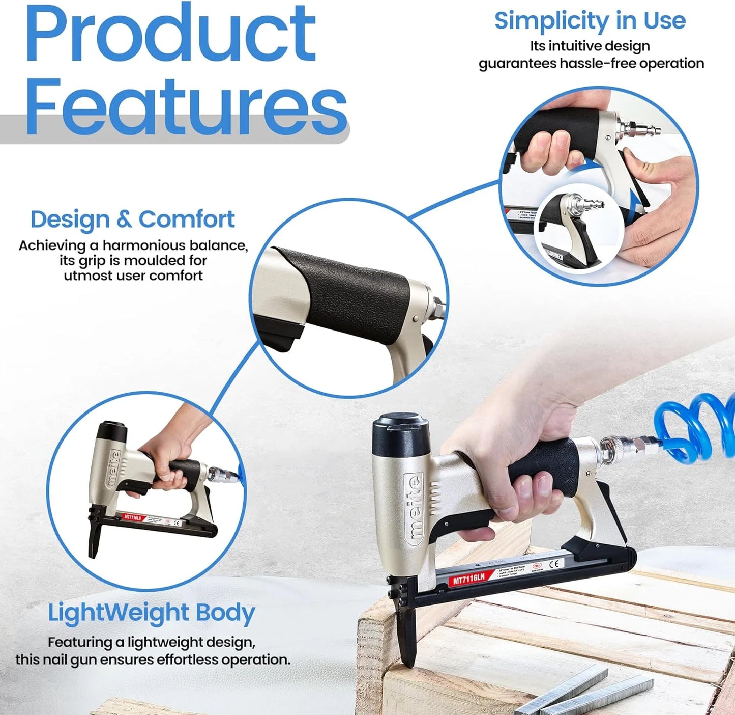 MEITE MT7116LN Pneumatic Staple Gun with Long Nose 22 Gauge 3/8" Crown 1/4" to 5/8" Length 71 Series
