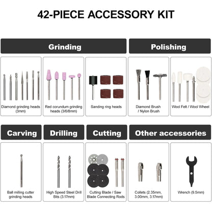 Cordless Rotary Tool Kit, 7.2V, 5 Speeds, with 42 Accessories, Sanding, Polishing, Etching, Engraving, DIY Crafts