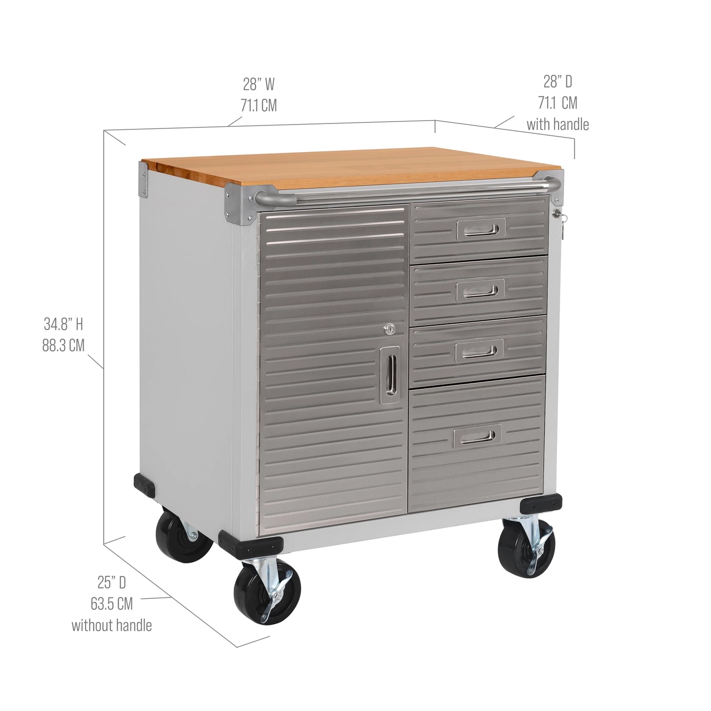 Seville Classics UltraHD® Heavy Duty Rolling Cabinet Workbench Table w/Solid Wood Top, Workstation for Garage, Office, Workshop, Granite, 1-Door, 4-Drawer (28" W x 25" D)