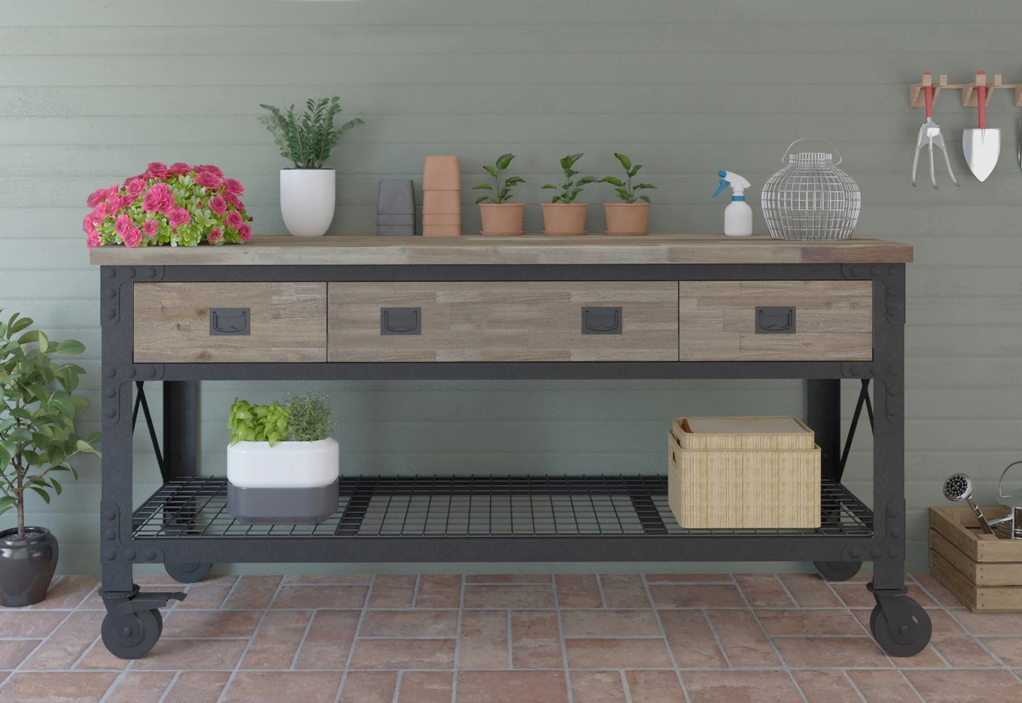72 In x 24 In. 3 Drawer Rolling Industrial Workbench with Wood Top - Aged Macadamia