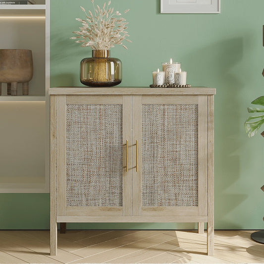RichYa Rattan Storage Cabinet Buffet Cabinet Sideboard Cupboard for Hallway Entry Living Room 31.5" W x 15.75" D x 31.5" H Wood Color