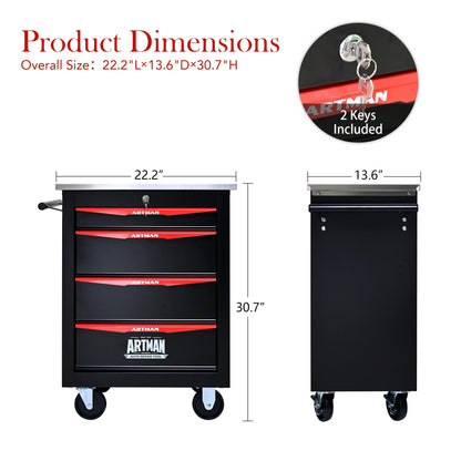 JXXRZ 4-Drawer Rolling Tool Cart with Wheels, Stainless Steel Top & Lock for Garage Workshop, Black& Red