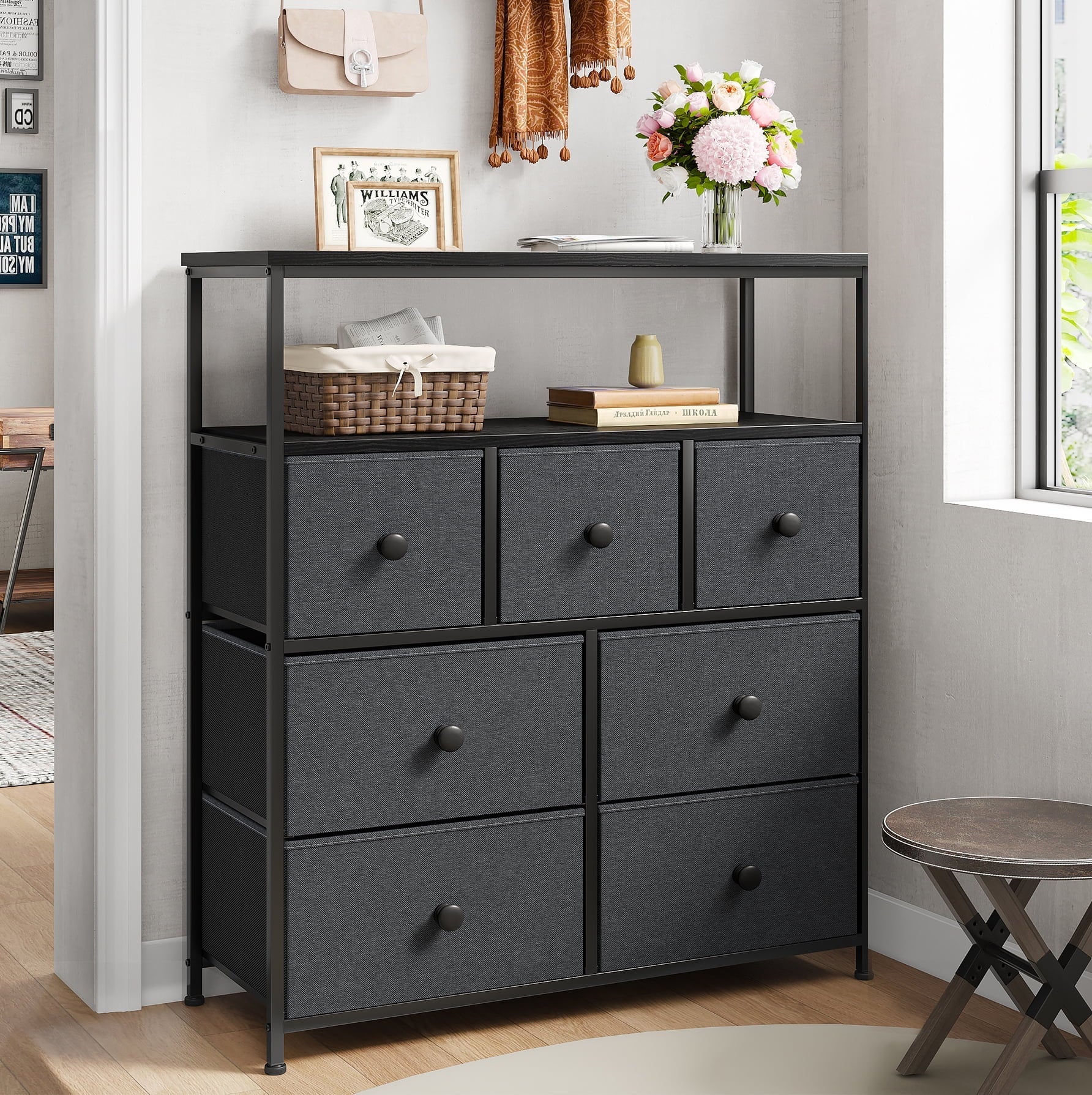 EnHomee Dressers for Bedroom with 7 Drawers Pink Dresser Fabric Chest of Drawers with Shelves Portable Storage Tower Small Dresser for Living Room Nursery Guest Room