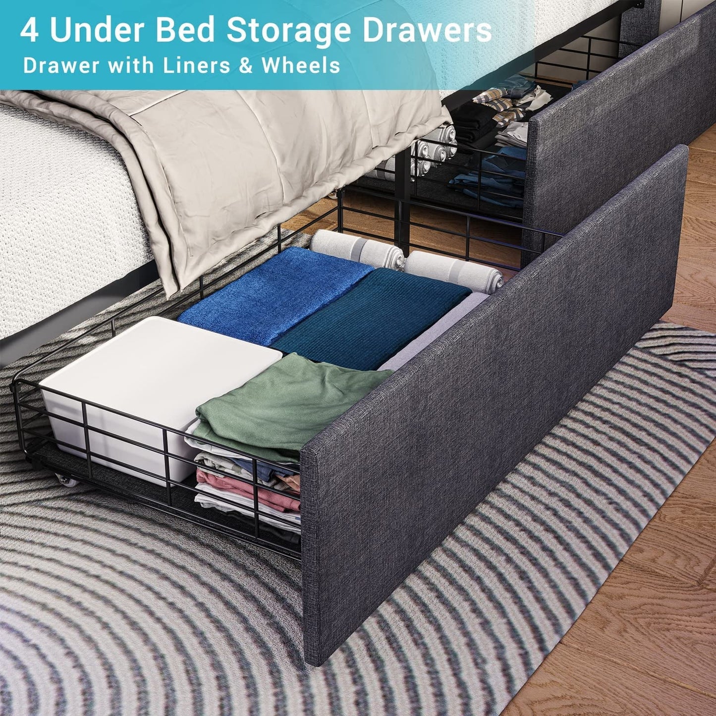 Full Size Bed Frame with 4 Storage Drawers, Platform Bed Frame with 2 USB Ports, Upholstered Bed with LED Headboard Footboard, Square Stitched Button Tufted Design, Dark Grey