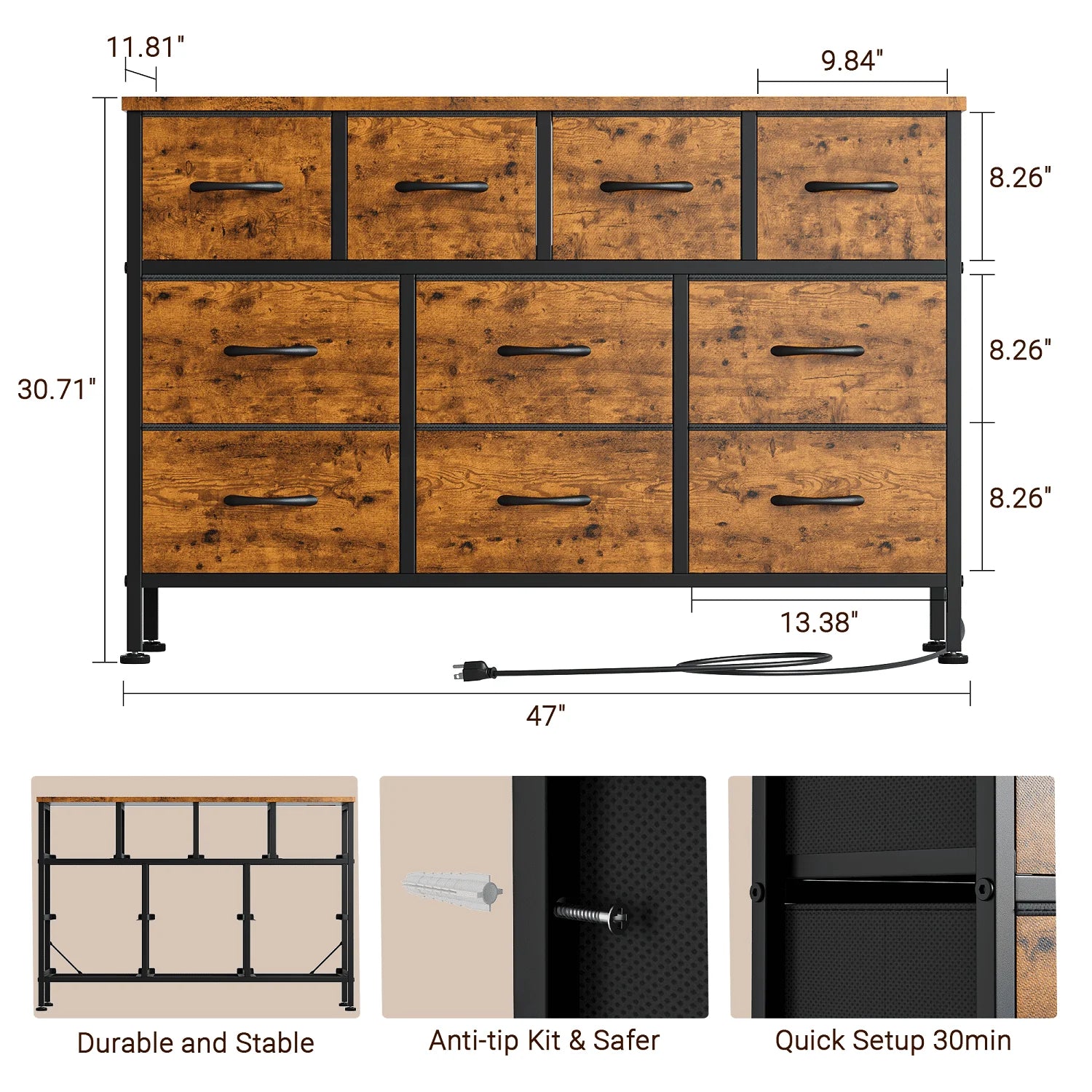 GIKPAL Dresser TV Stand, 10 Drawer Dresser for Bedroom with Power Outlet, Chest of Drawers for 55" Long TV, Fabric Dresser for Storage and Organization, Brown