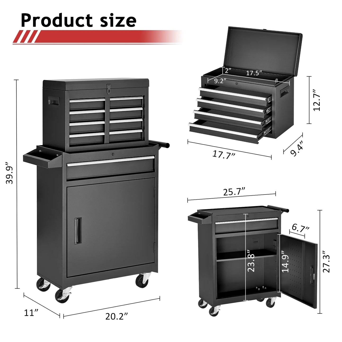 NETAJE Metal Tool Chest, 2 in 1 Steel Rolling Tool Box & Cabinet On Wheels for Garage, Detachable Top Tool Box and Lockable Wheels Metal Tool Cart for Garage, 5-Drawer, Black