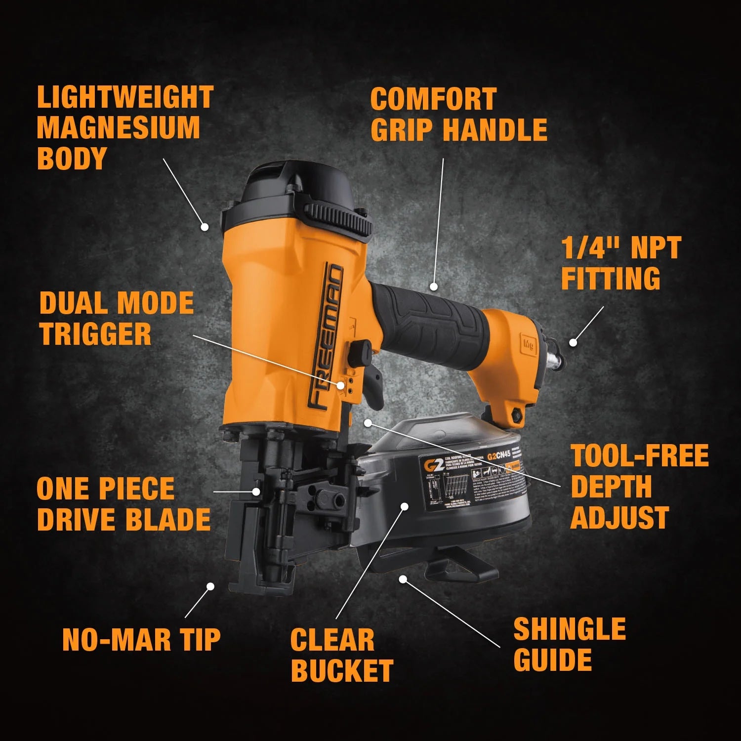 Freeman G2CN45 2nd Generation Pneumatic 15 Degree 1-3/4" Coil Roofing Nailer with 1/4" NPT Air Connector