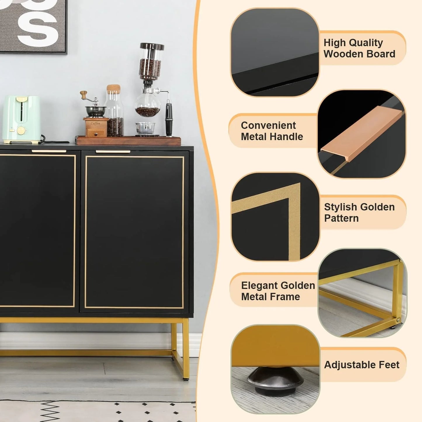 Yoleny 31'' Buffet Cabinet with Storage, Accent Cabinet with 2 Doors, Gold Trim and Golden Legs, Wooden Sideboard with Adjustable Shelf and Feet for Bedroom, Living Room, Kitchen, Hallway, Black