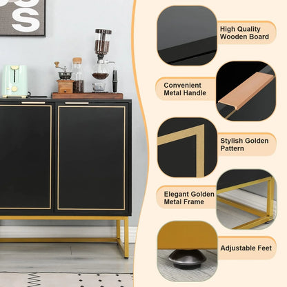 Yoleny 31'' Buffet Cabinet with Storage, Accent Cabinet with 2 Doors, Gold Trim and Golden Legs, Wooden Sideboard with Adjustable Shelf and Feet for Bedroom, Living Room, Kitchen, Hallway, Black