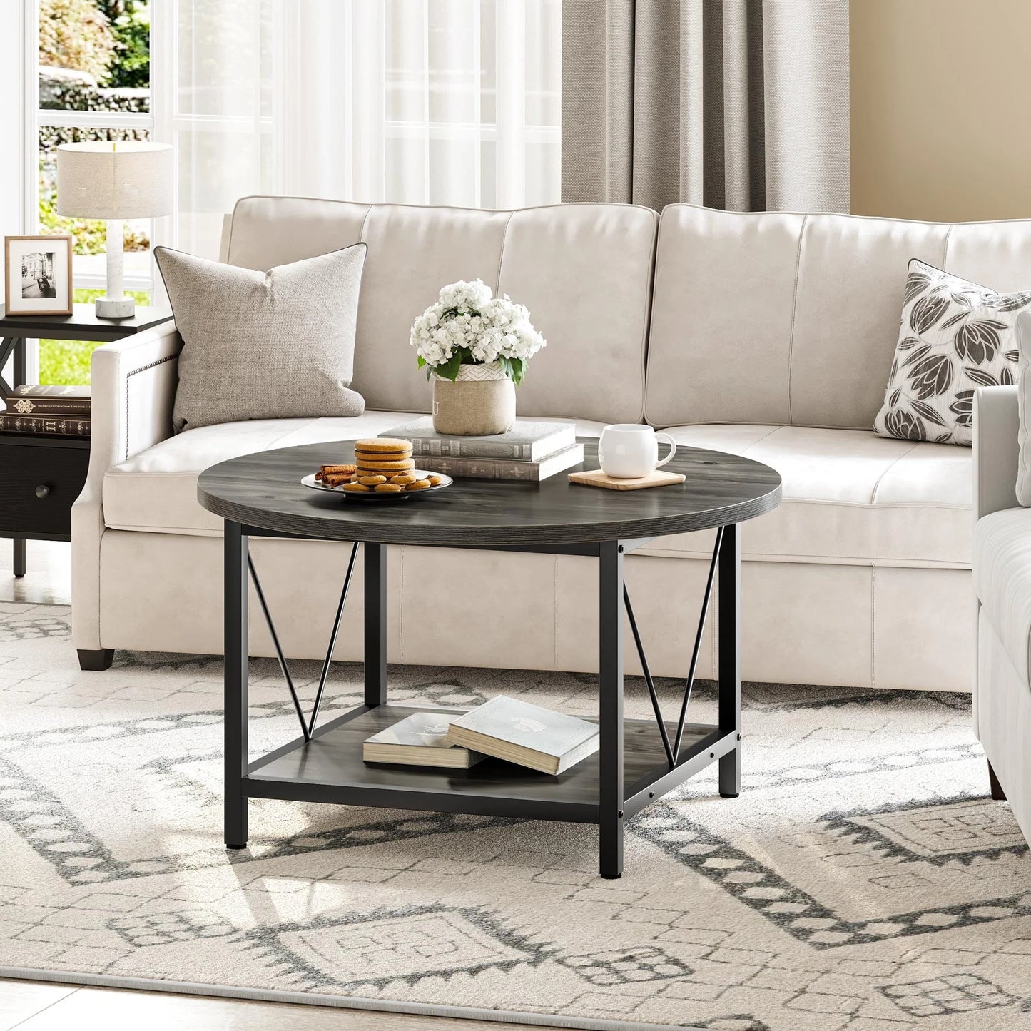 DWVO Round Coffee Table, 31.5" Industrial Design Furniture Sturdy Metal Frame Legs Table, Cocktail Table with Storage Open Shelf for Living Room, Gray