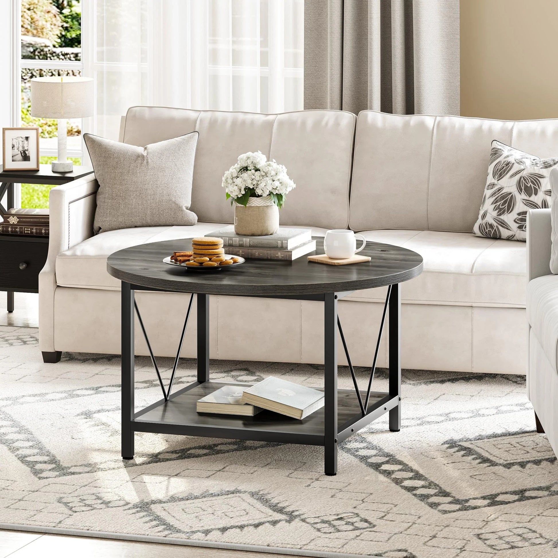 DWVO Round Coffee Table, 31.5" Industrial Design Furniture Sturdy Metal Frame Legs Table, Cocktail Table with Storage Open Shelf for Living Room, Gray