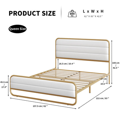 Homfa Queen Size Bed Frame, Gold Metal Tubular Platform Bed with PU Leather Upholstered Headboard, 10.6" Under Bed Storage, White